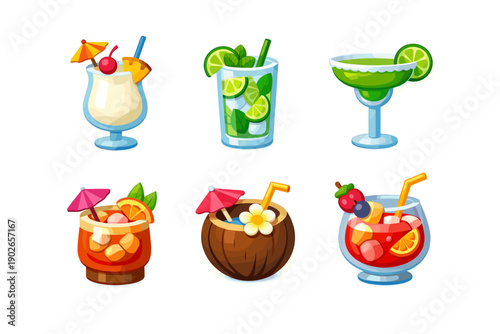 Collection of six colorful tropical and classic cocktails with garnishes and umbrellas