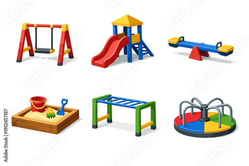 Collection of colorful playground equipment for children's outdoor fun and games