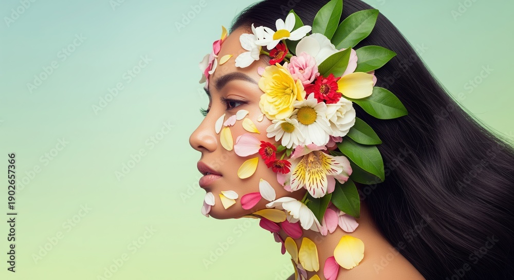 Naklejka premium A woman's profile portrait adorned with a vibrant floral crown of white, pink, red, and yellow blooms against a soft green background. Perfect for beauty, wellness, and nature designs.