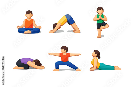 Diverse group of people practicing various yoga poses for wellness and flexibility