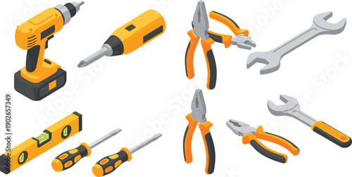 Isometric construction tools set with electric drill, screwdrivers, pliers and wrenches, professional handyman equipment for repair and industrial maintenance