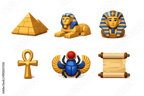 Collection of iconic ancient Egyptian symbols and monuments in a cartoon style
