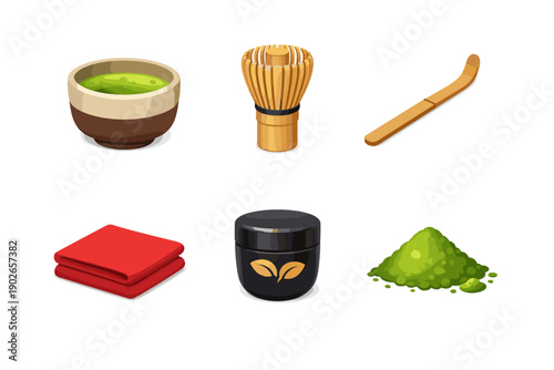 Traditional Japanese matcha tea ceremony preparation tools and ingredients