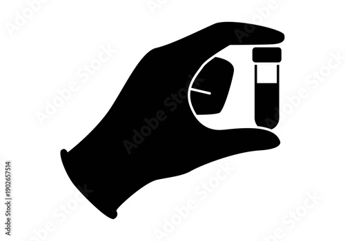 Silueta de mano con guante médico sosteniendo un tubo de ensayo de laboratorio