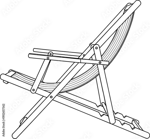Vector line drawing illustration of folding deck chair with wooden slatted frame, pivot points, and adjustable notched bar for reclining outdoor seating design.