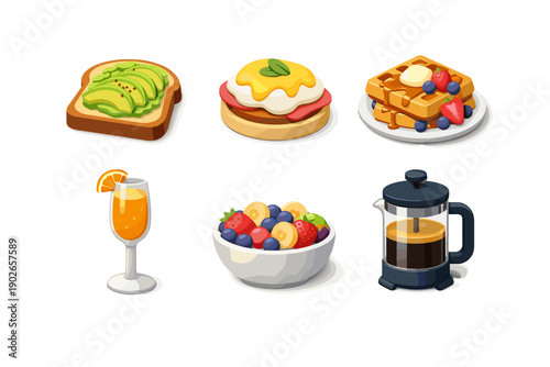Healthy and delicious breakfast assortment with avocado toast, waffles, and fresh fruit