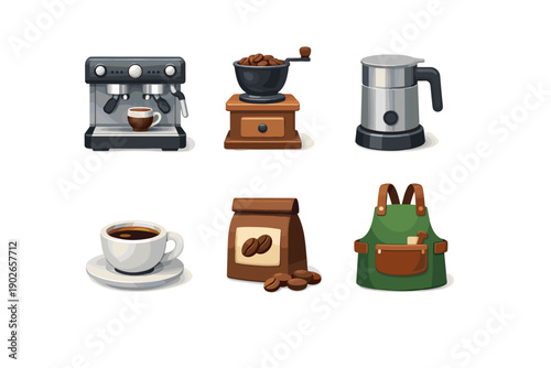 Collection of coffee making equipment and accessories for a barista
