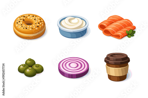 Bagel with salmon, cream cheese, onion, olives, and coffee cup illustration