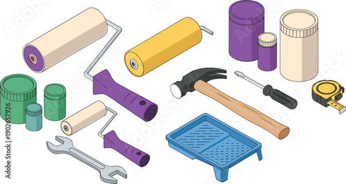 Isometric painting and home renovation tools set including rollers, paint cans, hammer, wrench and measuring tape isolated on white background