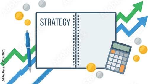 A professional business office concept featuring a 3d financial data report on a laptop screen alongside a notebook with pen, calculator, and paper document for market success