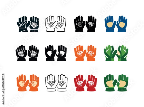 Worn gloves. Icon set. Set Logo of worn gloves: textured palm gloves. harmonious logo variations of the same emblematic concept, each with