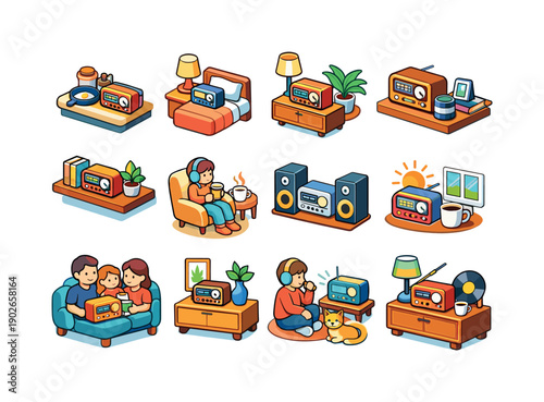 Home radio. Colorful isometric vector icons set of Home radio: kitchen radio, bedside radio, living room radio, vintage radio set, radio on