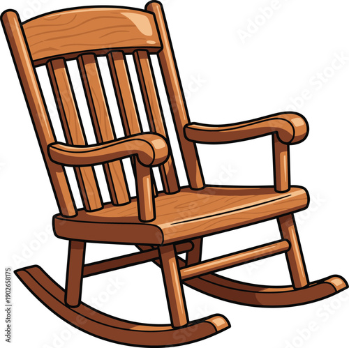 Vector illustration of traditional wooden rocking chair with slatted backrest, curved armrests, polished finish, and curved rockers, symbolizing comfort, relaxation, and timeless furniture design.