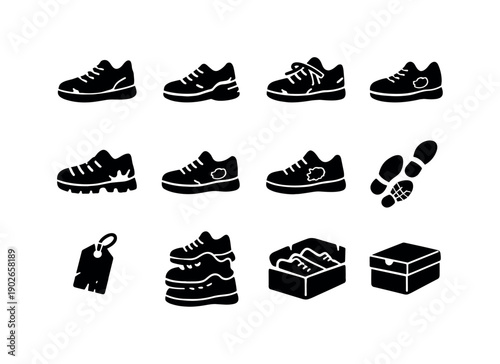 Used Sneakers. Solid icon set of Used Sneakers: used sneaker, faded color, worn heel, frayed laces, crease lines, dirty sole, shoe holes,