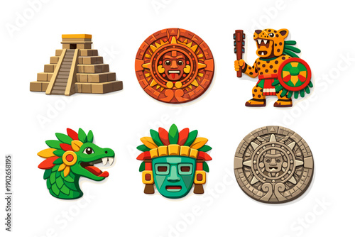 Collection of Aztec and Mayan cultural symbols and artifacts