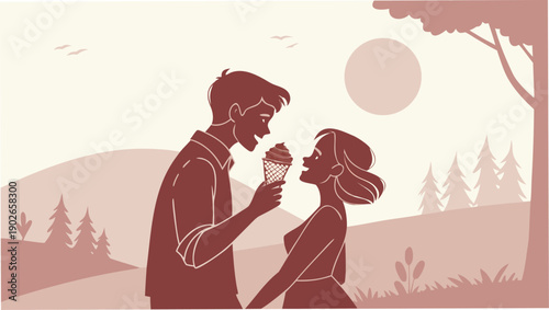 Couple sharing a romantic ice cream treat on a sunny day