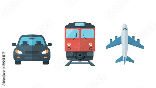 Transportation Modes in Flat Design with Simple Shapes and Bright Colors on White Background for Travel Brochure