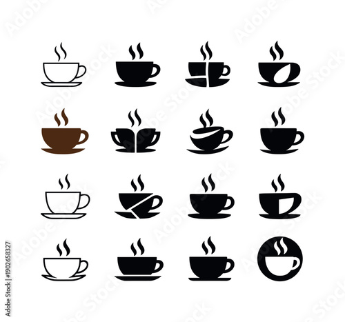 Coffee Break Icons. Coffee break. Icon set. Set Logo of coffee break: coffee cup with steam. harmonious logo variations of the same emblematic concept, each