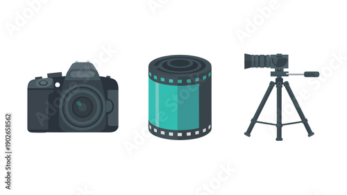 Camera and Film Reel on Tripod in Simple Flat Design with Bright Teal Accents for Stock Photography