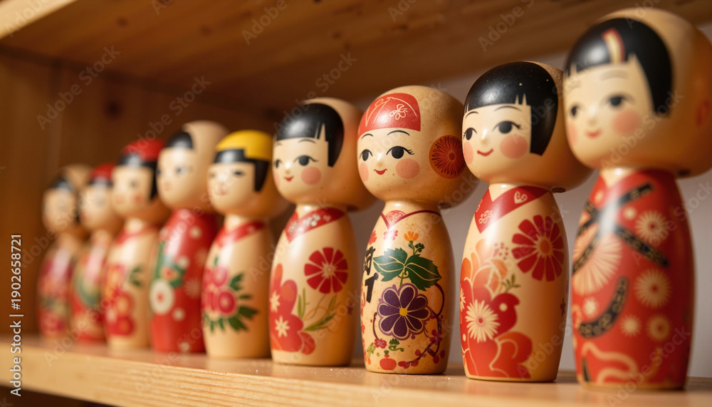 Obraz premium Handcrafted kokeshi dolls on display in warm lighting, cultural artistry