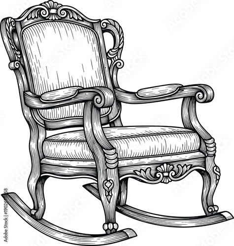 Detailed black‑and‑white vector illustration of antique wooden rocking chair with ornate carvings, cushioned seat, curved rockers, and decorative craftsmanship for classic furniture design concepts.