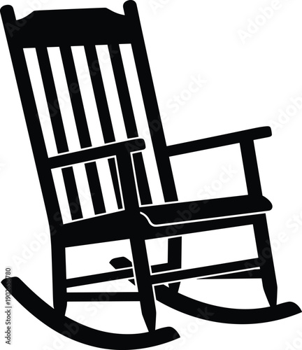 Black silhouette vector illustration of classic wooden rocking chair with vertical slats, armrests, and curved rockers, symbolizing comfort, relaxation, and timeless furniture design.