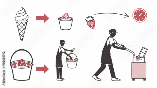 Strawberry ice cream making process with worker preparing ingredients