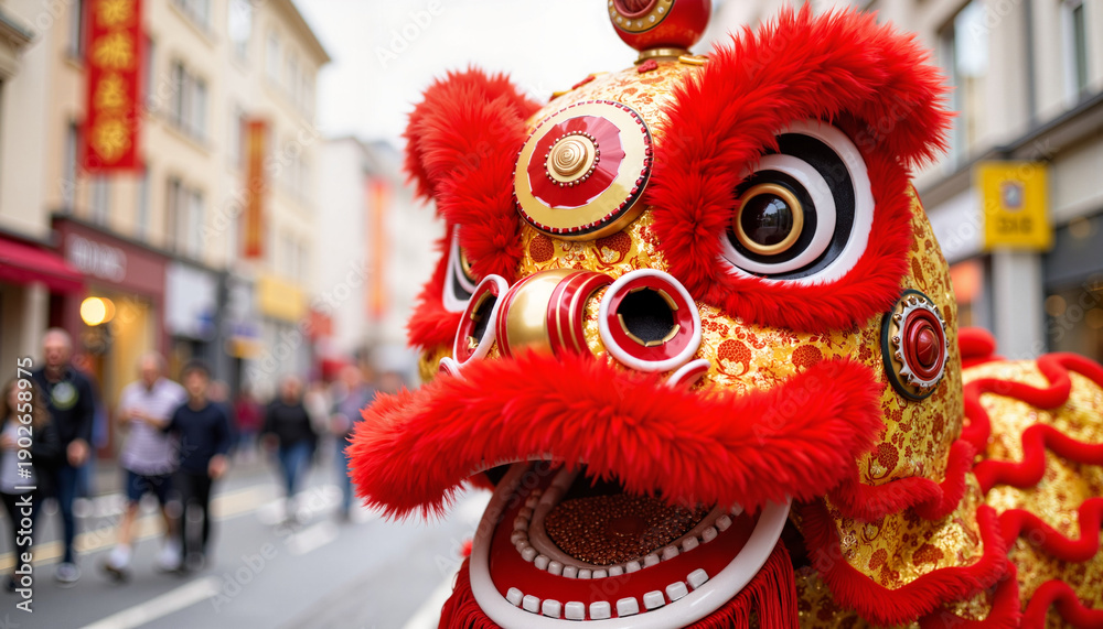 Fototapeta premium Vibrant lion dance costume in street performance, Chinese New Year celebration
