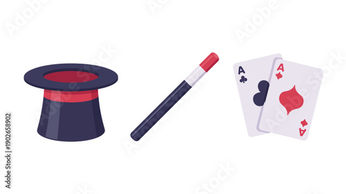 Magic Top Hat with Wand and Playing Cards in Flat Design with Bright Colors on White Background for Entertainment