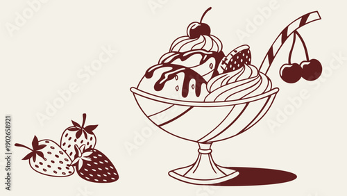 Delicious ice cream sundae with cherries and strawberries