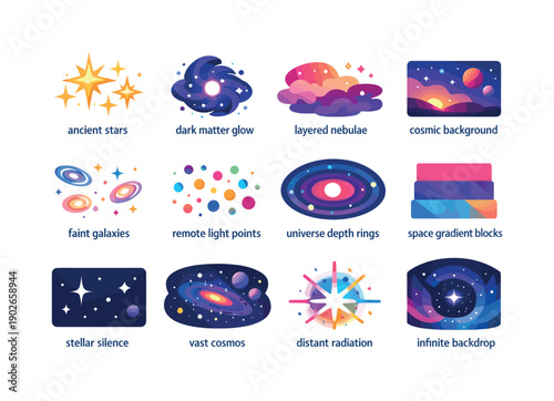 Deep Universe. Colorful flat vector icons set of Deep Universe: ancient stars, dark matter glow, layered nebulae, cosmic background, faint