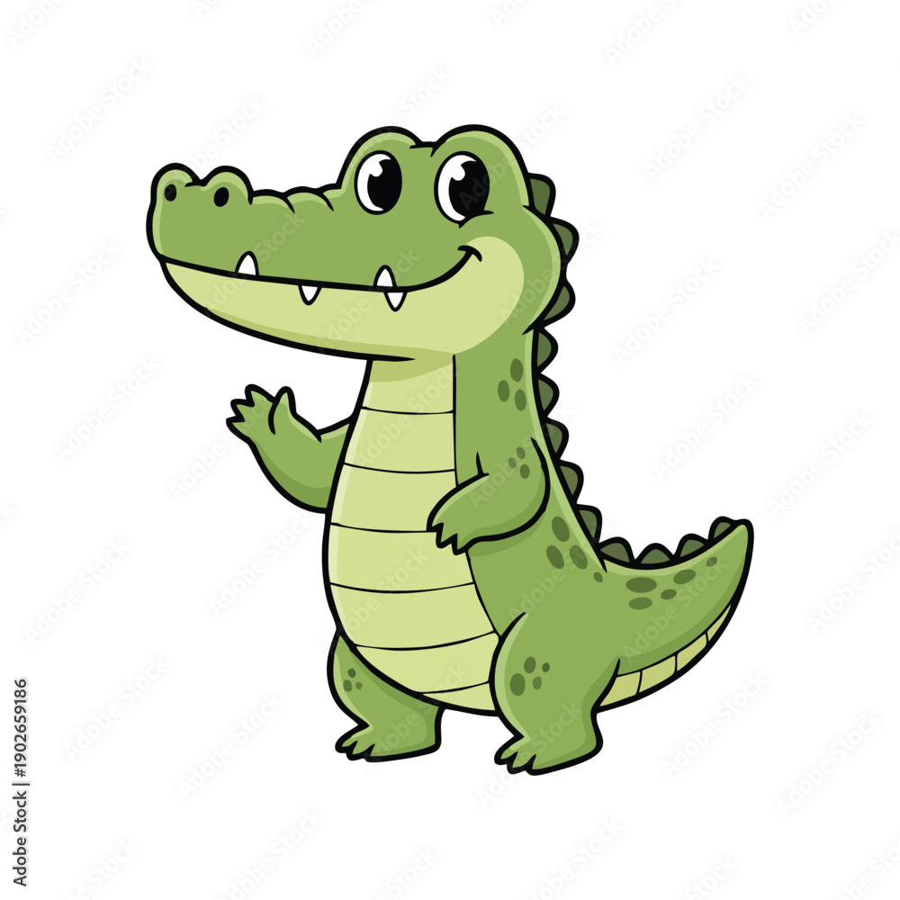 Obraz premium Cute cartoon crocodile waving, friendly green reptile character illustration for children's books and education design