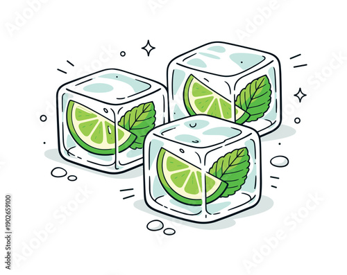 Mint lime ice cubes close-up. Transparent ice cubes with visible mint and lime details, shown in a zoomed, simple view. The illustration
