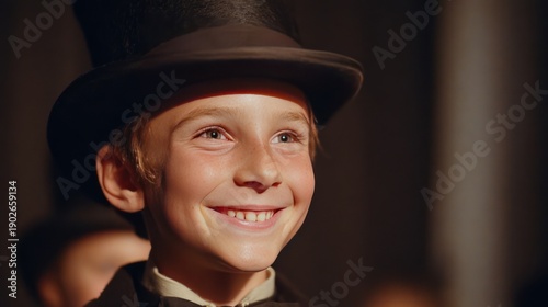 Boy dressed as Abraham Lincoln at a school play, smiling proudly, warm lighting, 8k, realistic, full ultra HD, high resolution, cinematic photography