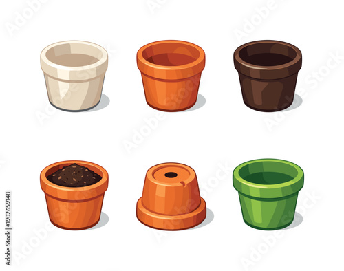 PlantPot. Isometric flat vector icons set of PlantPot: ceramic plant pot close-up, terracotta plant pot close-up, plastic plant pot close-up,