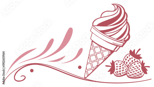 Stunning pink ice cream cone with fresh strawberries