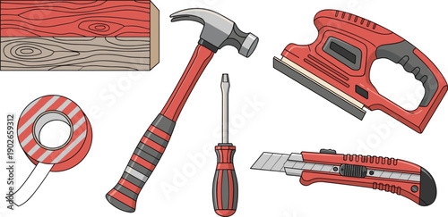 Set of hand tools and materials including hammer, screwdriver, utility knife, tape and wood block isolated on white background