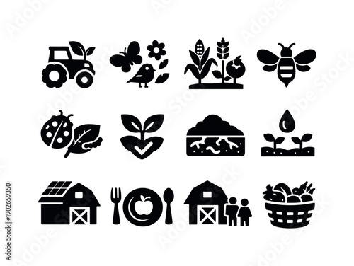 Agroecology Icons. Solid icon set of Agroecology Icons: nature-friendly tractor, biodiversity, mixed crops, pollinator bee, natural pest