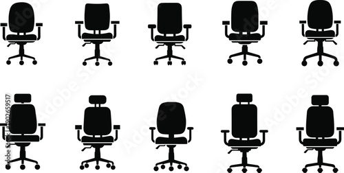 Set of 10 black silhouette office chair icons showing ergonomic designs with and without headrests, armrests, and wheeled bases