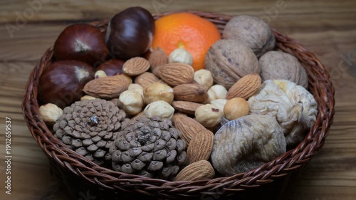 A composition of typically autumnal fruits such as walnuts and chestnuts enhancing their beauty and detail.