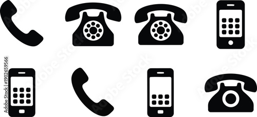 Various black phone icons displayed on a clean white surface for communication concepts