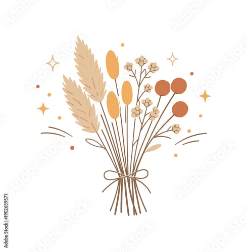 Dried flowers bundle. A stylized bouquet of dried florals with thin stems and textured silhouettes tied at the base, surrounded by abstract