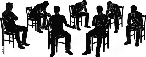 Black silhouette vector illustration of seven people seated in circle on chairs, central figure facilitating discussion, symbolizing group therapy, emotional support, and communal healing.