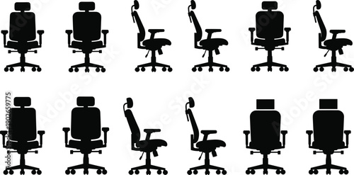 Set of 12 black silhouette office chair icons showing ergonomic designs with armrests, headrests, and wheeled bases in multiple angles 