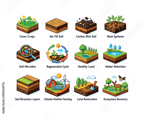 Regenerative farming. Colorful isometric vector icons set of regenerative farming: cover crops, no till soil, carbon rich soil, root systems,