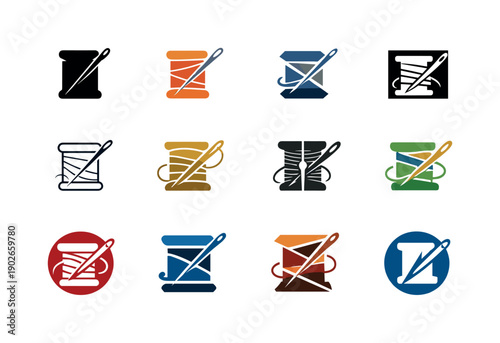 Sewing Icon Set. Sewing clothes. Icon set. Set Logo of Sewing clothes: thread spool and needle. harmonious logo variations of the same emblematic concept, each
