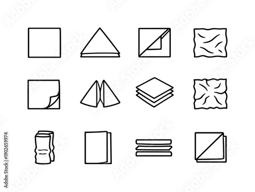 Paper napkin shapes. Line icon set of Paper napkin shapes: square napkin, triangle fold napkin, corner tucked napkin, soft napkin texture,