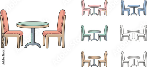 Vector illustration of round table with pedestal base and two cushioned chairs, shown in multiple color variations including pink, blue, green, beige, and black‑white.