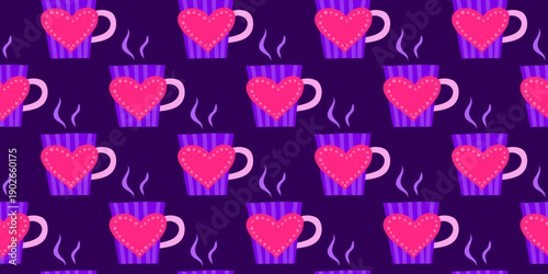 Cute seamless pattern with hot tea in mug with steam on dark violet background. Valentines day celebration.