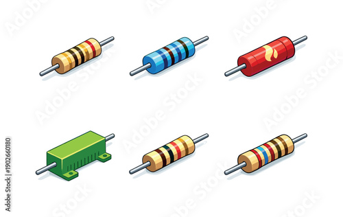 Through hole resistors. Isometric flat vector icons set of through hole resistors: carbon film resistor, metal film resistor, flameproof